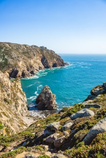 a view of the ocean from the top of a hill