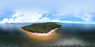 A vibrant aerial view of São Tomé island showcasing lush green forests meeting the sparkling blue ocean under a bright sky.
