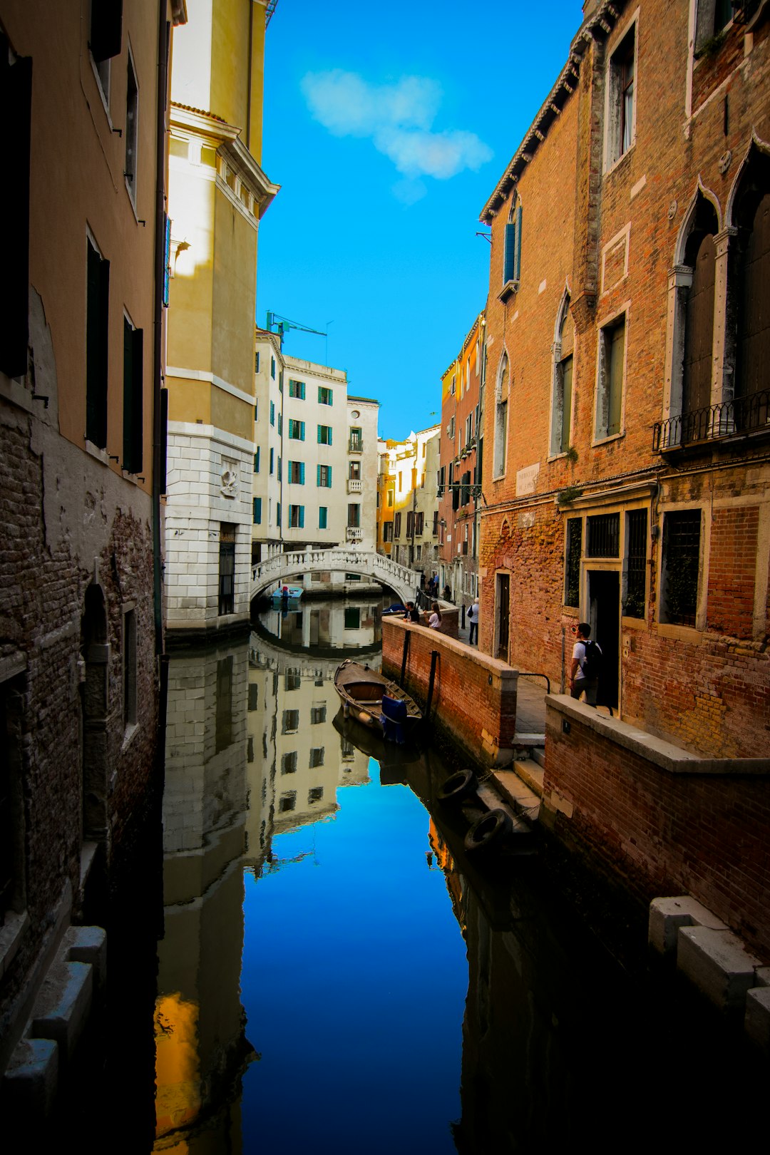 canal between brick buildings