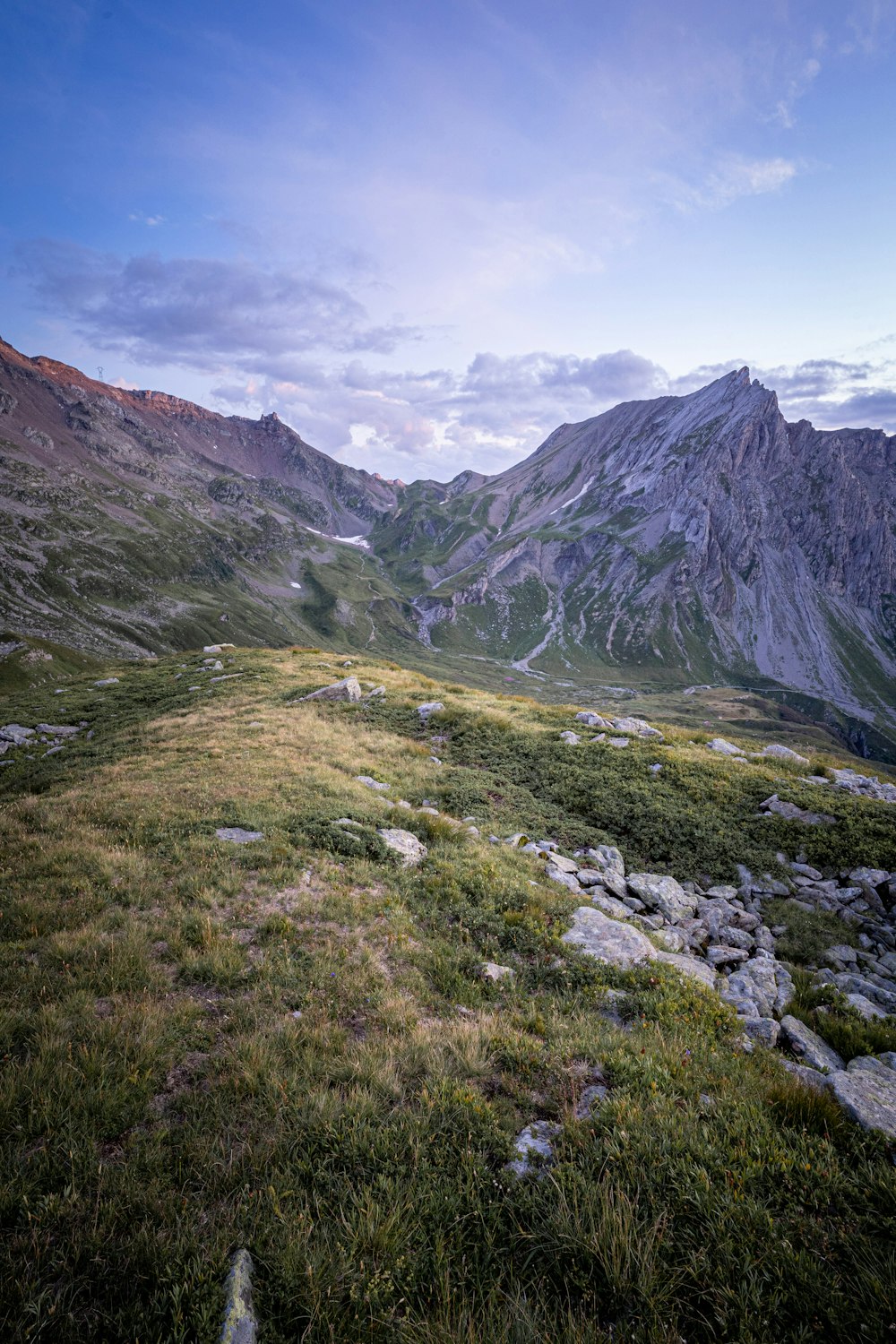 a grassy field with mountains in the background