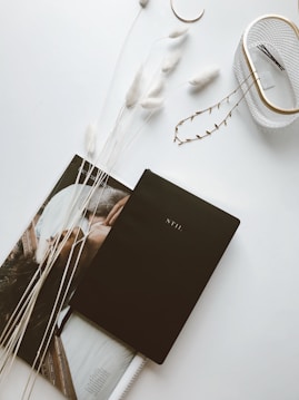 A minimalist arrangement on a white surface features a black planner labeled 'STIL' placed on top of an open magazine. Beside it, there are decorative elements, including fluffy white dried grasses and a small container holding a few hairpins. The overall aesthetic is clean and elegant.