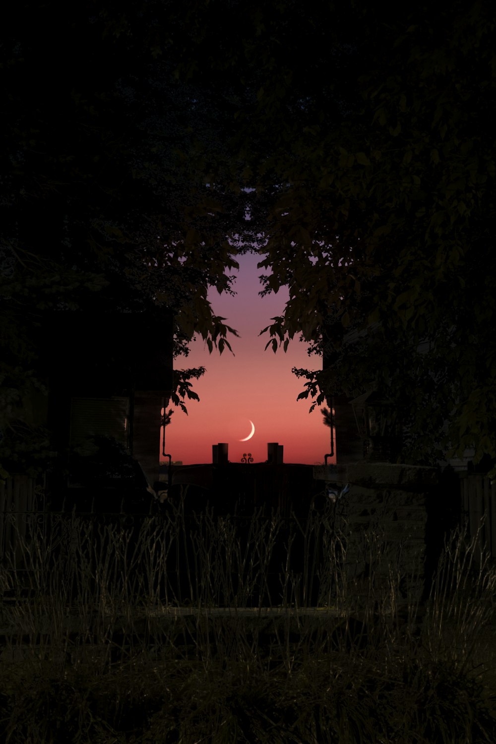 a view of the moon through a window at night