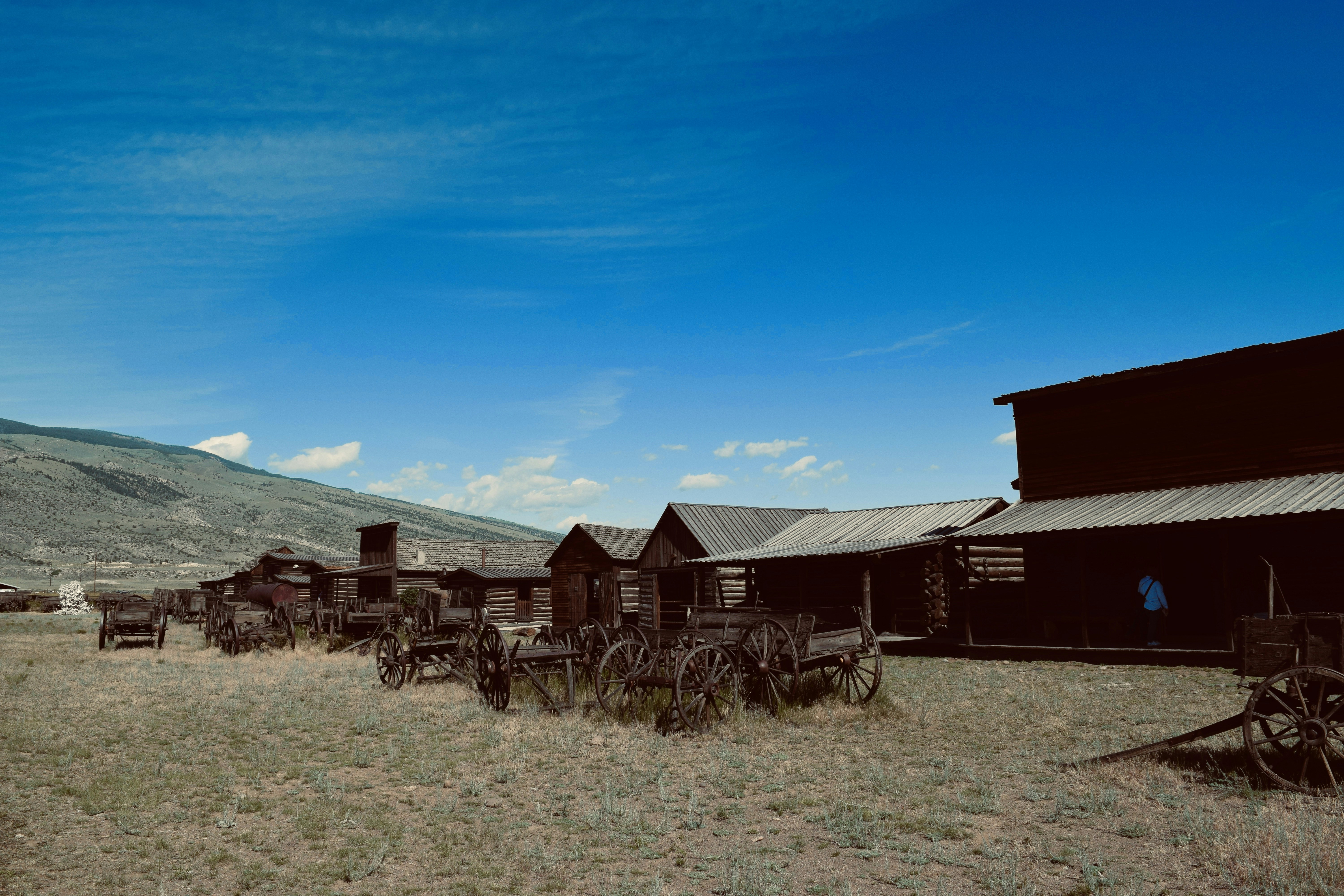 brown wooden houses in green field under blue and white skies during daytime