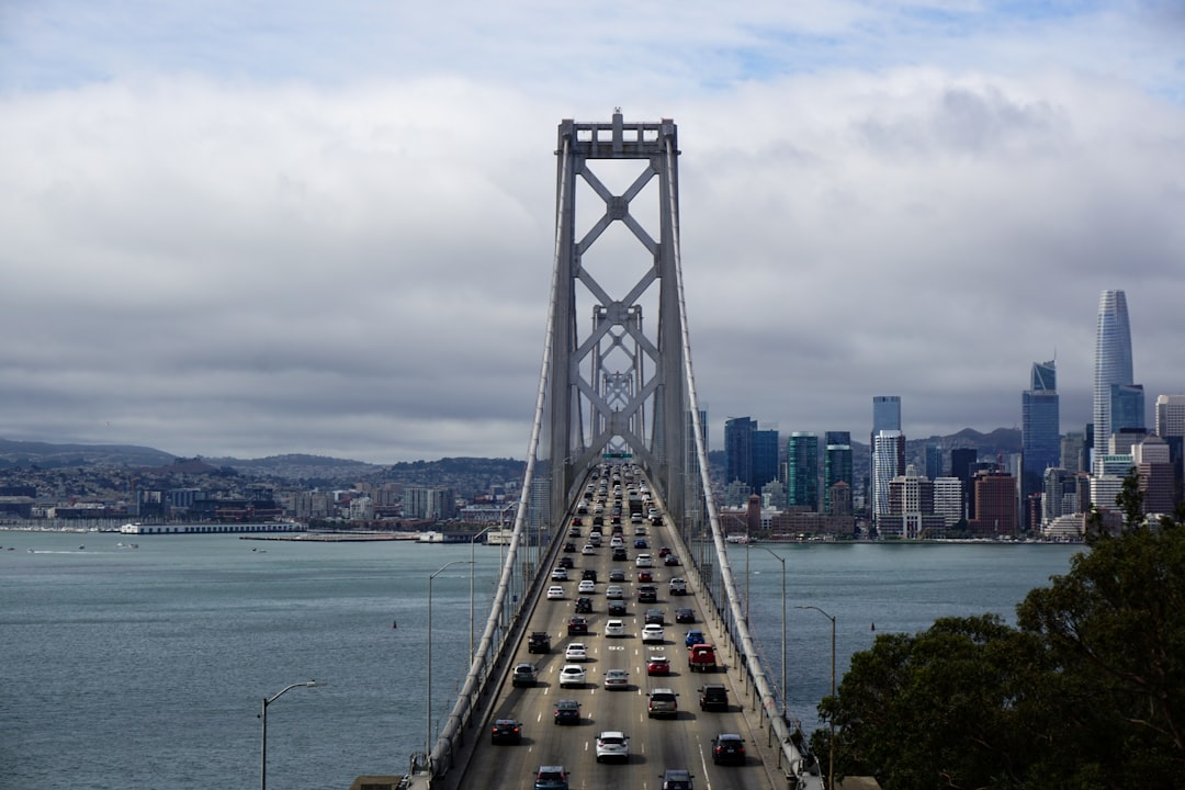 cars on bridge above water near the city during day