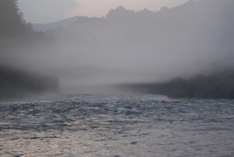A serene riverside yoga session with early morning mist in the Uttarakhand valleys.