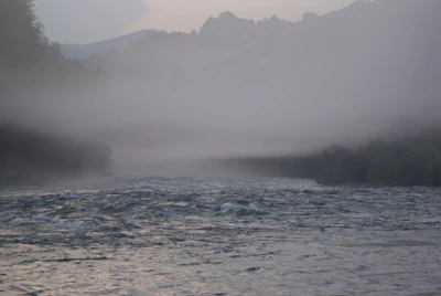 A serene riverside yoga session with early morning mist in the Uttarakhand valleys.
