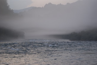 A quiet fishing spot by a riverbank with morning mist rising.
