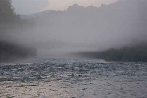 A quiet fishing spot by a riverbank with morning mist rising.