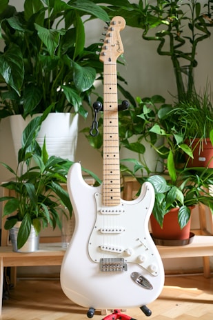 A white electric guitar is positioned in front of a diverse array of houseplants. The guitar's body and neck are distinctly visible, with its strings and tuning pegs. Behind the guitar, various green plants in pots are arranged on a wooden surface.