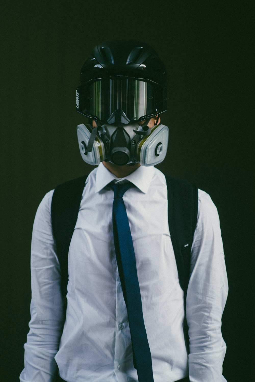 man wearing gas mask