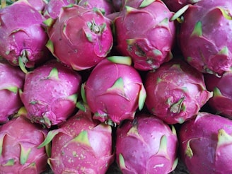 A cluster of dragon fruit with vibrant pink skin and green-tipped scales. The fruits are closely packed, displaying their unique texture and tropical appearance.