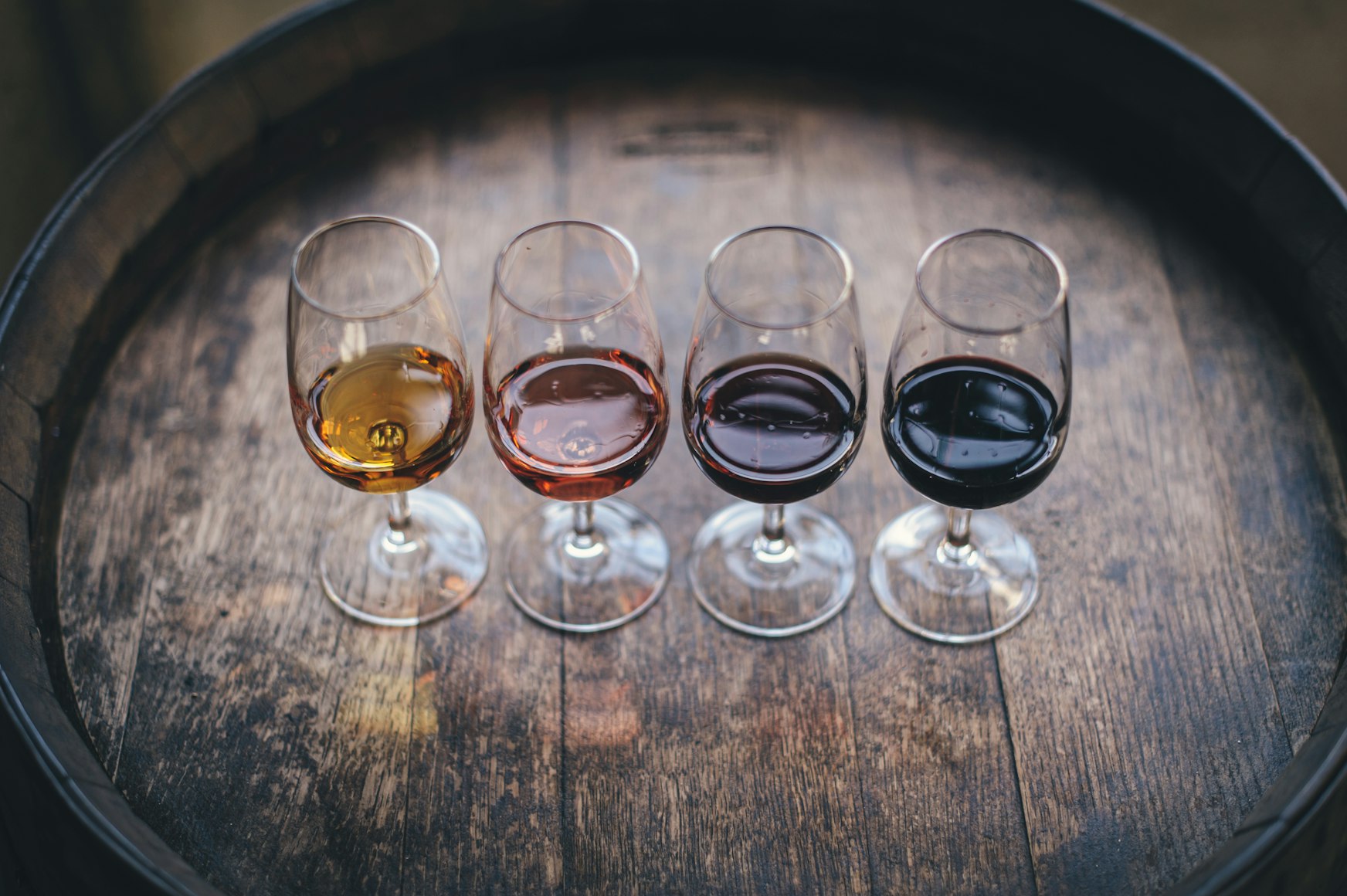 Fire glas vin i forskellige farver under vinsmagning