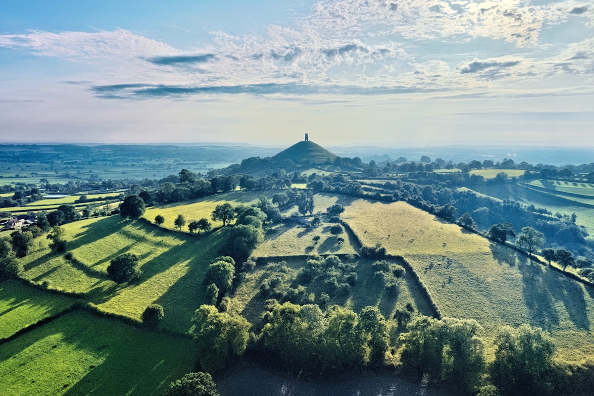 Glastonbury Tor in Somerset rising above the Somerset Levels