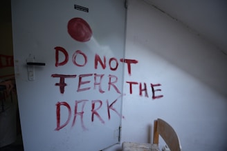 A white door with red paint that reads 'DO NOT FEAR THE DARK' and a circular red mark above the text. The setting appears to be dimly lit, with a wooden chair positioned next to the door.