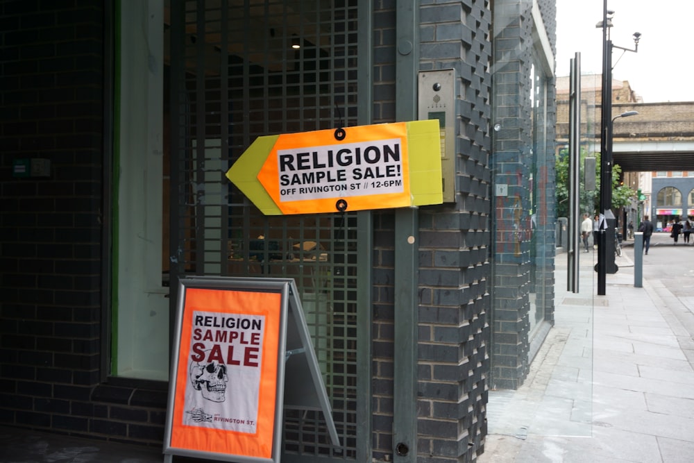 religion sample sale signage