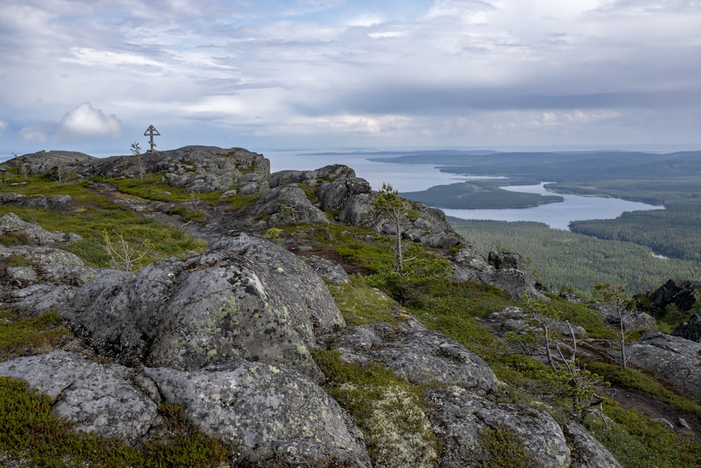 gray rocks and green grass mountainside