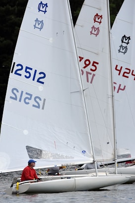 Several sailboats navigate close to each other on the water, each displaying prominent sails with unique numbers and logos. The scene involves individuals actively participating in a sailing activity, with one person in a red shirt and blue cap clearly visible.