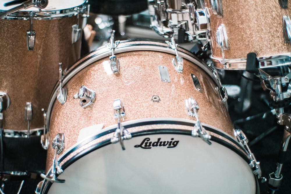 brown and white Ludwig drum set