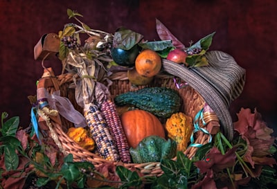 vegetable in wicker basket indian corn zoom background