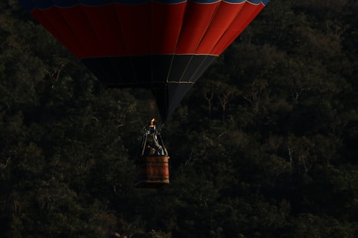 A hot air balloon with a dark blue and red canopy hovers above a lush forest. The wicker basket beneath the balloon holds a passenger and a burner system. The scene is captured during low light, emphasizing the contrast between the balloon and the forest below.