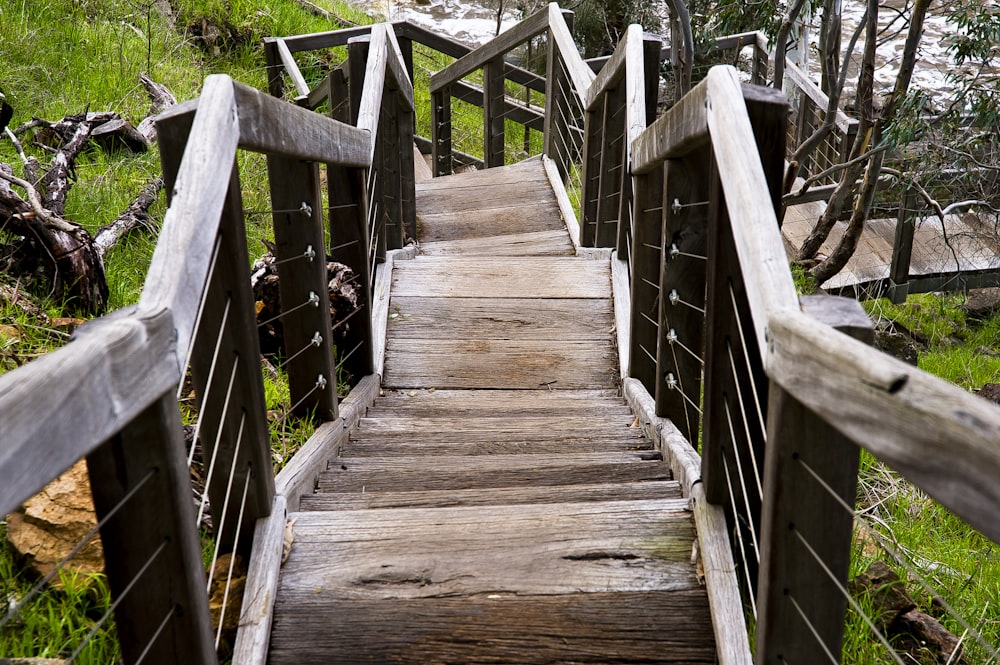 a set of wooden stairs leading to a body of water