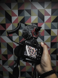 person holds DSLR camera with stereo recording cardioid microphone