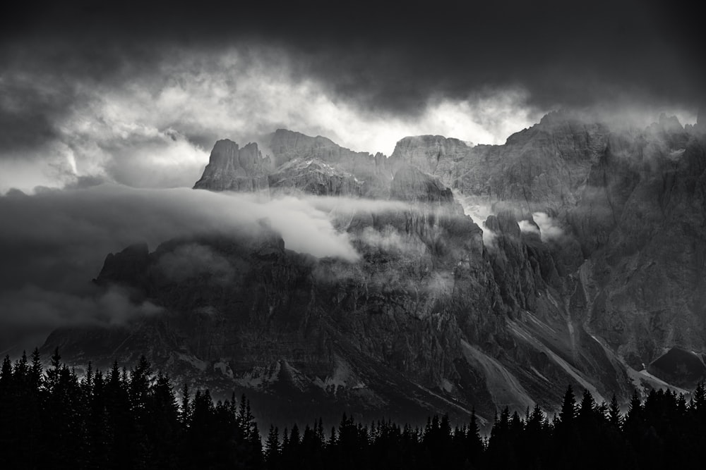 grayscale photography of mountain
