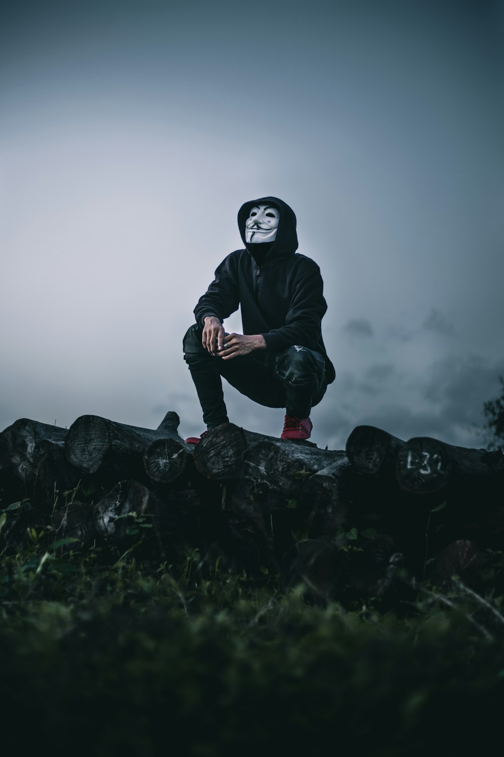 a man in a mask sitting on a pile of logs