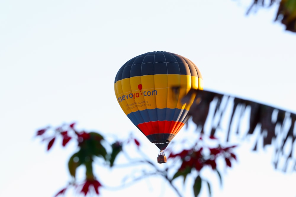 low angle photo of yellow and blue hot air balloon