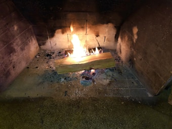 A fireplace with a single log burning brightly, surrounded by dark brick walls. Ash and remnants of previous fires are scattered on the ground.
