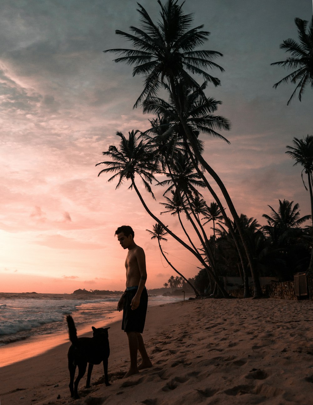 topless man standing near dog beside seashore