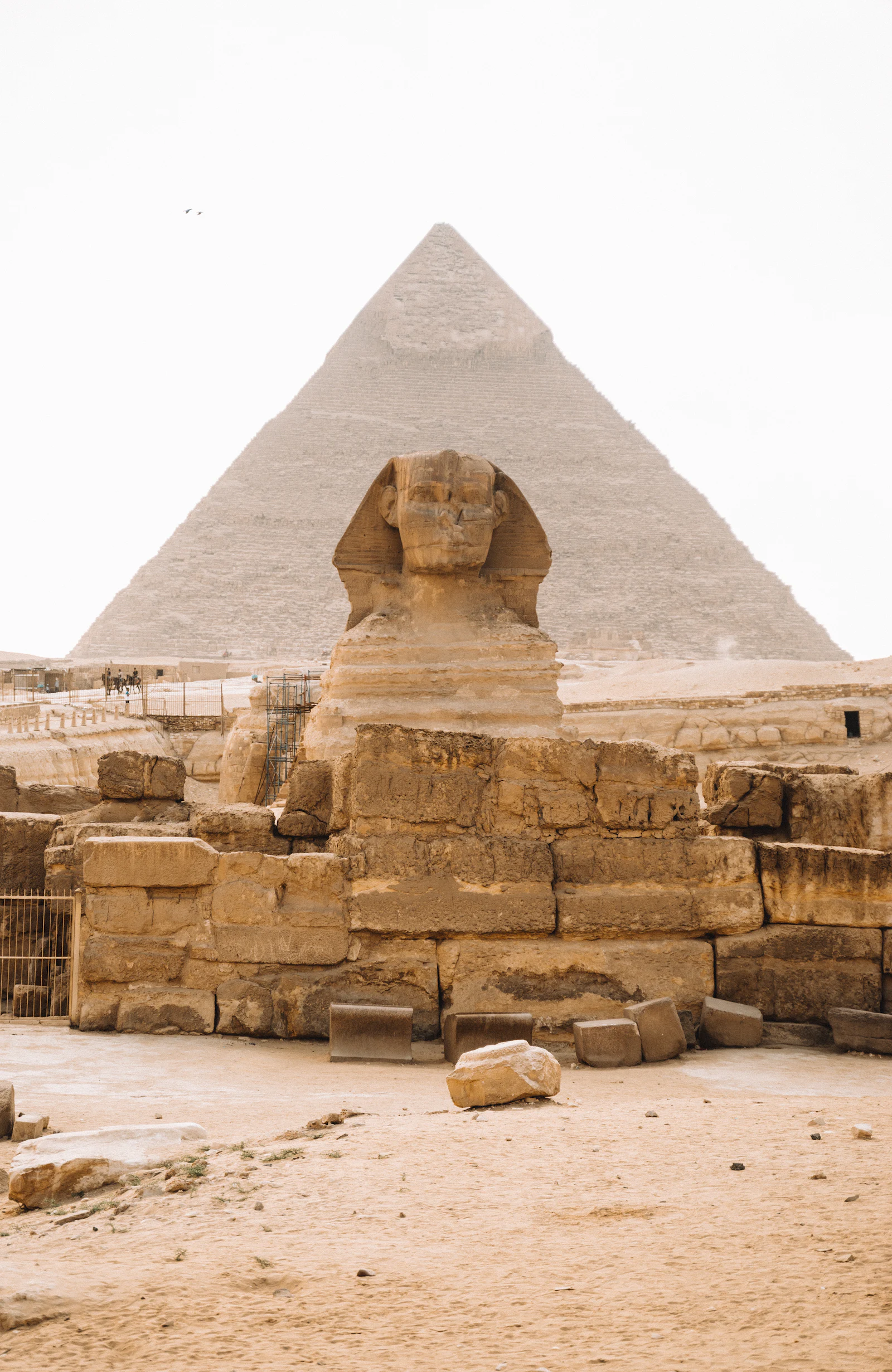 The Great Sphinx in front of a pyramid under a pale desert sky