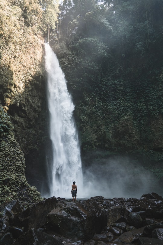 man standing and facing the waterfalls during day in Nungnung Waterfall Carpark Indonesia