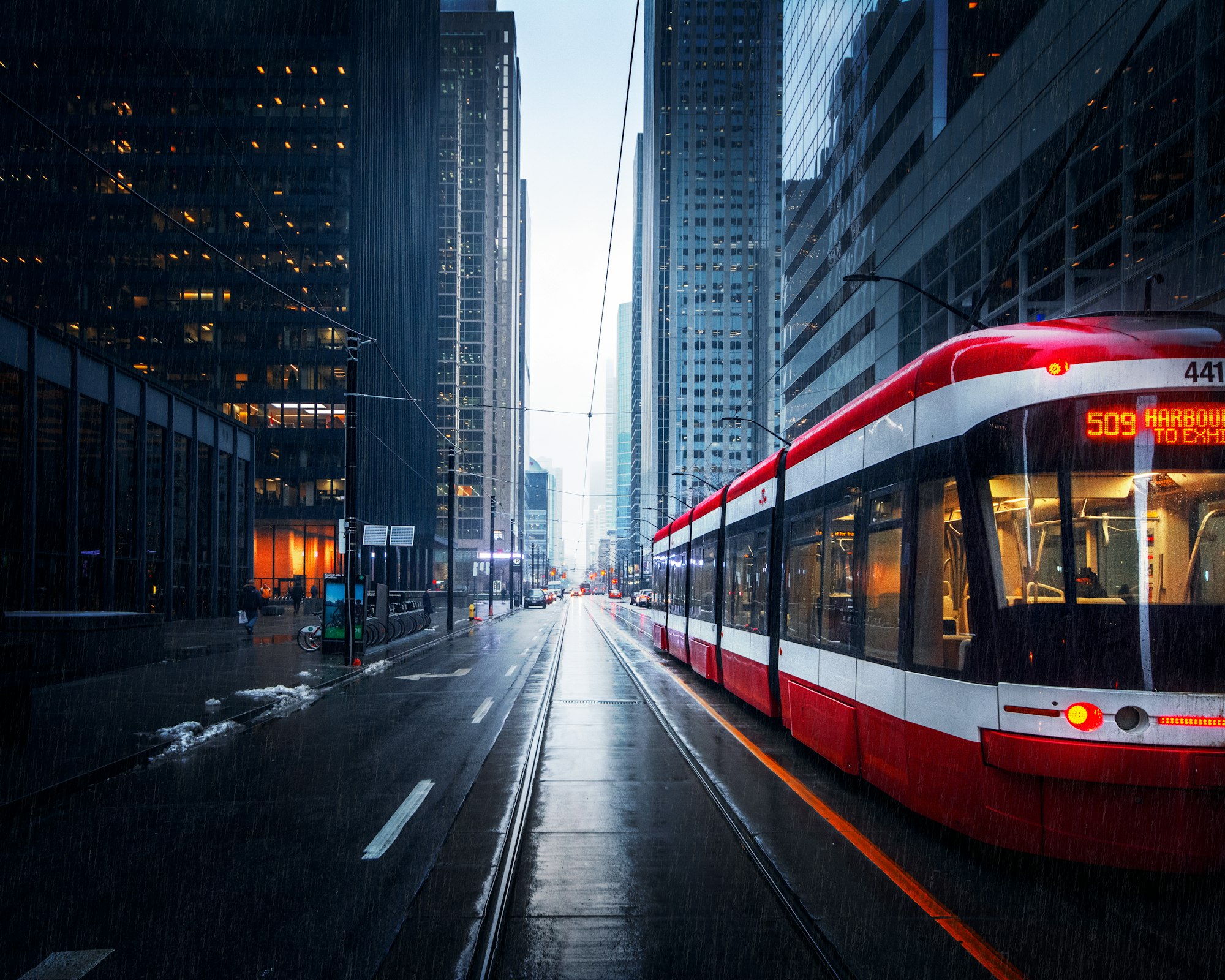 Street Car in the rain in downtown Toronto 