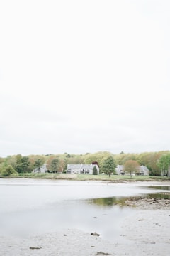 A serene landscape featuring a row of houses nestled among lush green trees by a calm body of water. The sky overhead is overcast, creating a soft and tranquil ambiance. The foreground shows a shallow expanse of water with patches of muddy ground.