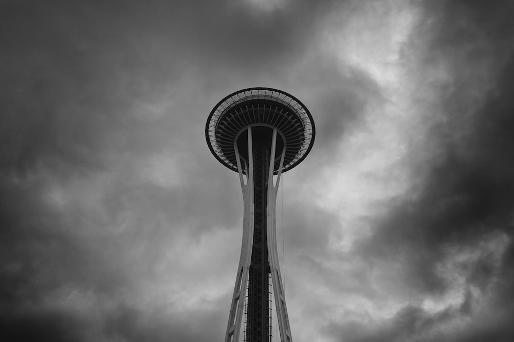 grayscale photography of Space Needle