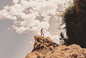 A person stands on the edge of a large rocky outcrop under a sky filled with fluffy white clouds. The silhouette of the person is visible against the bright sky, conveying a sense of adventure and exploration. To the right, there is a vertical wall of greenery, suggesting a natural cliff environment.