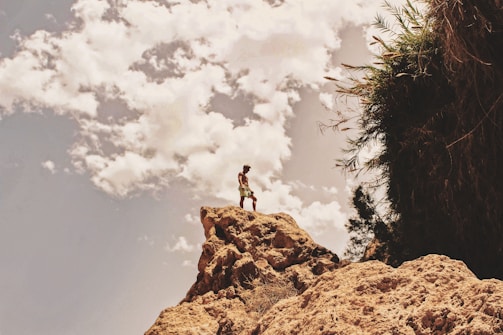 A person stands on the edge of a large rocky outcrop under a sky filled with fluffy white clouds. The silhouette of the person is visible against the bright sky, conveying a sense of adventure and exploration. To the right, there is a vertical wall of greenery, suggesting a natural cliff environment.