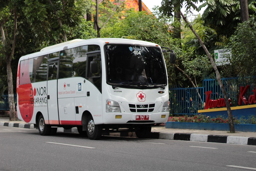 white and red bus on roadway during daytime