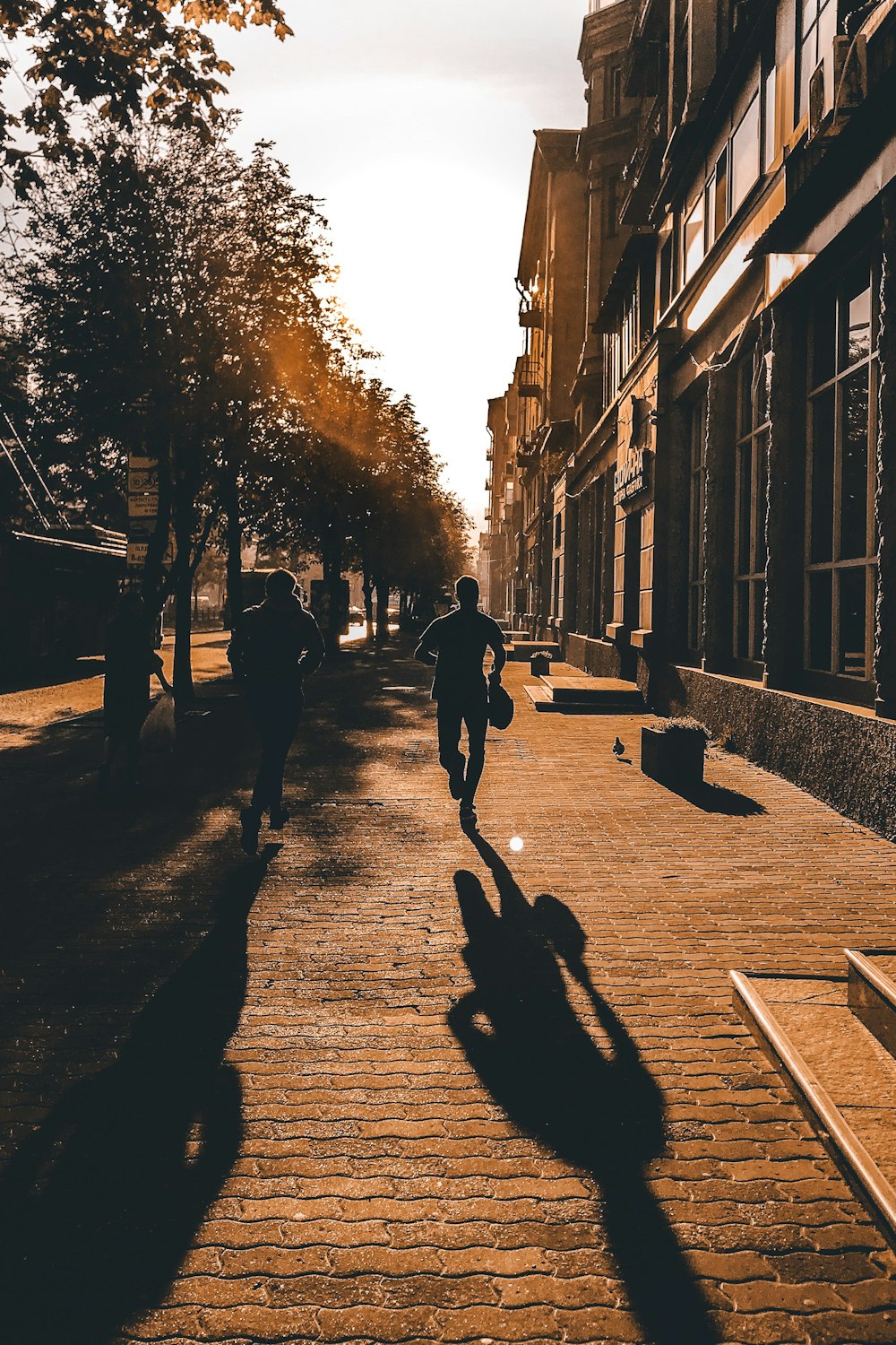 silhouette photo of man running beside brown building