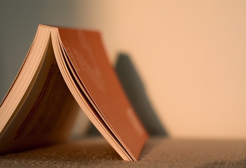 A paperback book is partially open, resting on a surface. The pages are slightly curved, creating a triangular shape, and the warm lighting casts soft shadows on the background.