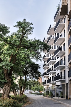 A modern apartment building with multiple balconies lines a cobblestone street. Large, leafy trees create a natural canopy along the sidewalk, offering a contrast between urban and natural elements. The view includes a clear sky and a few parked vehicles in the background.