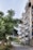 A modern apartment building with multiple balconies lines a cobblestone street. Large, leafy trees create a natural canopy along the sidewalk, offering a contrast between urban and natural elements. The view includes a clear sky and a few parked vehicles in the background.