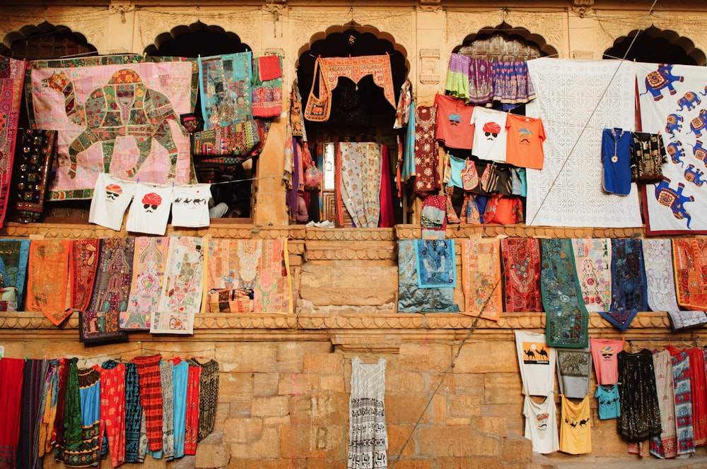 hanged assorted-color-and-print textiles