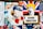 A collage of street art featuring satirical political imagery. The central focus includes a depiction of a child-like character with an elongated nose and blue paint dripping over the face, juxtaposed with another stylized image of a person's face with yellow hair above a sign that reads 'BLOND AMBITION'. The background includes various elements resembling the Union Jack flag.