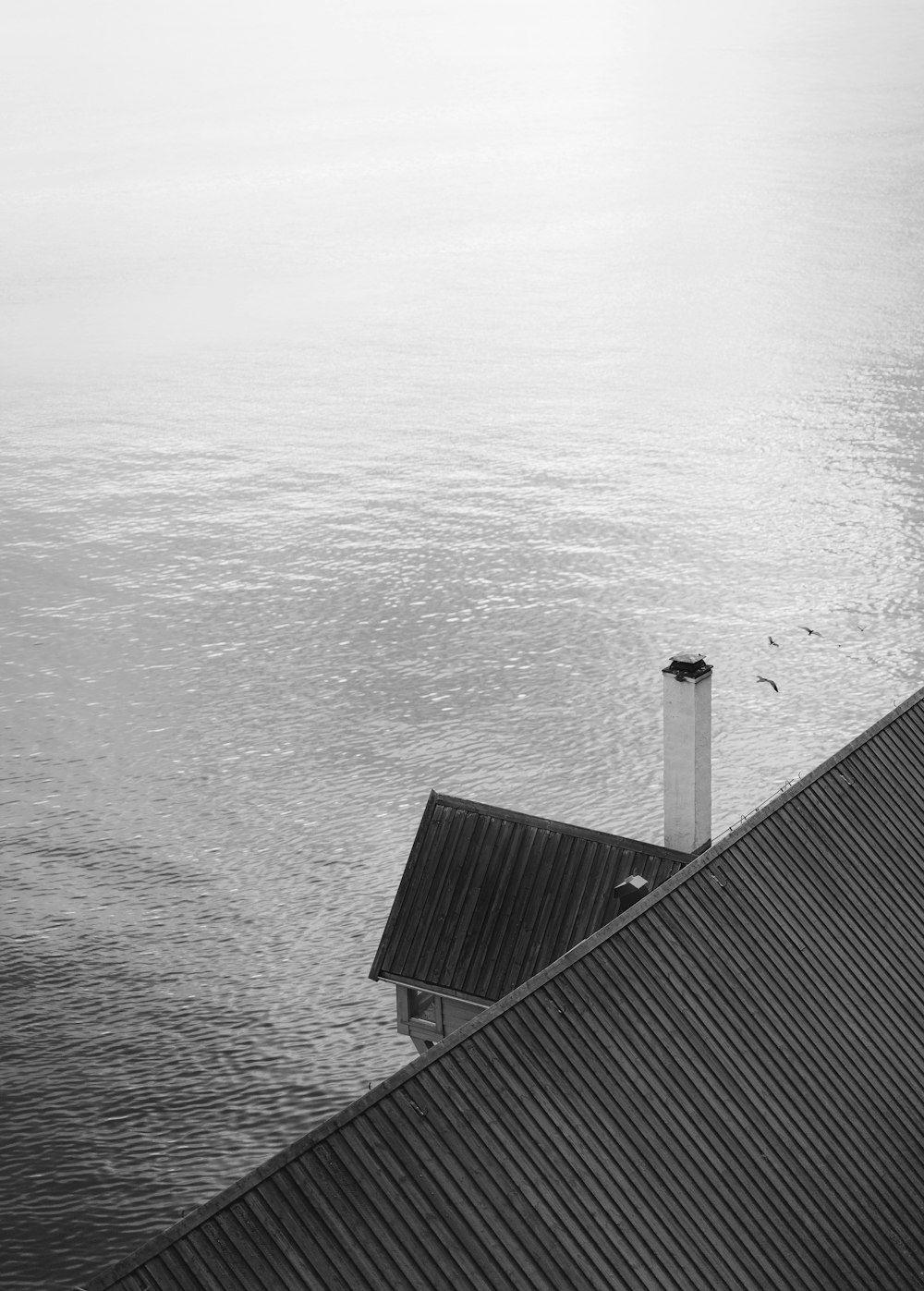 a black and white photo of a house by the water