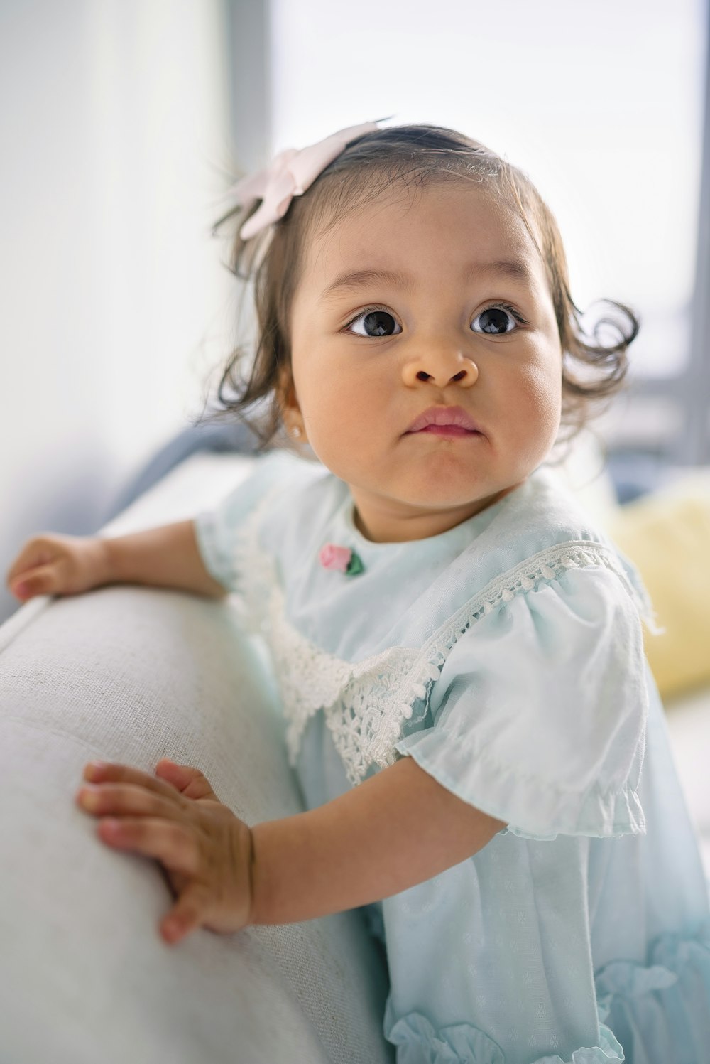 baby's blue and pink crew-neck dress