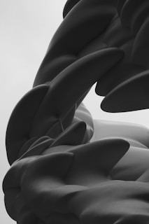 Dynamic composition of abstract forms in monochrome with subtle highlights.