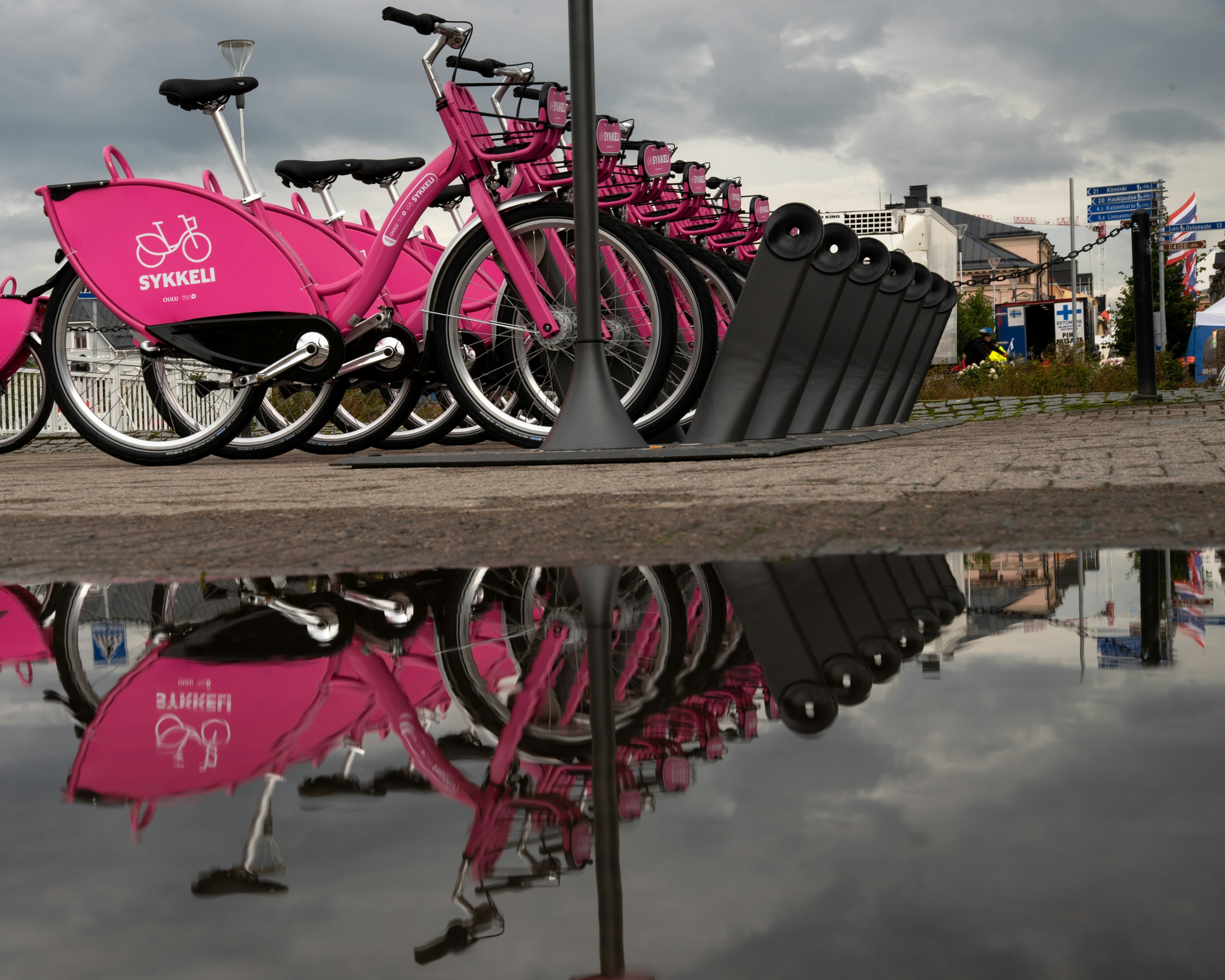 rosa Fahrrad in der Nähe des Gewässers geparkt