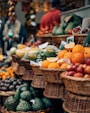 selective focus photography of displayed basket of fruits
